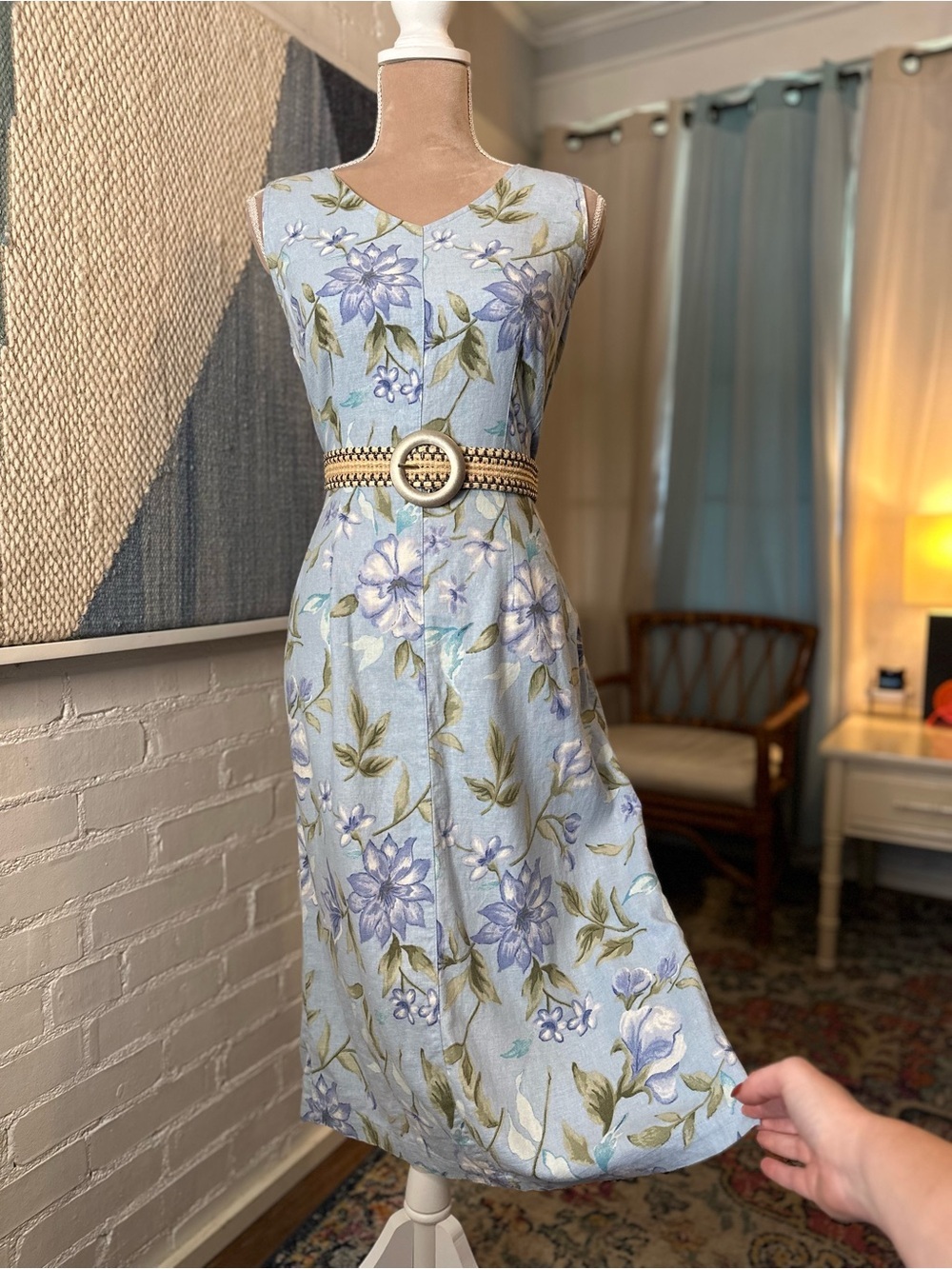 Expressions Linen Blend Blue Floral 90s Sleeveless Midi Dress - Picture 2 of 11